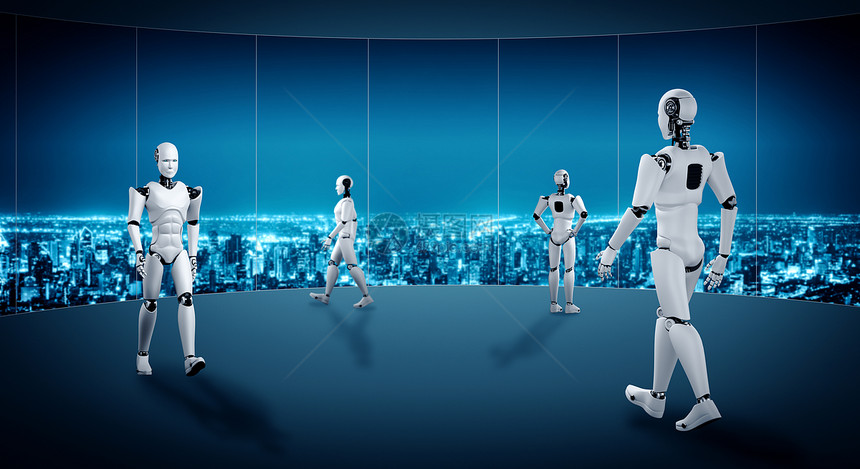 电脑抽象的3D渲染机器人形在未来办公室内部工作AI思维大脑和机器学习过程的概念第四次工业革命3D渲染机器人形在未来办公室内部工作图片