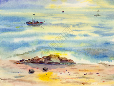 水彩太阳航海的地平线景水彩原始画由渔船家族的色彩多以黄光和天云底色反视水与情感热带背景
