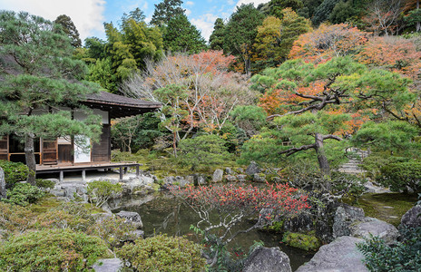 京都寺庙或银殿堂在秋色时日本东道京都宝藏的京都地正寺湖红色的图片