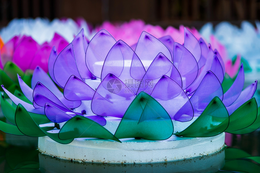 宗教水面上漂浮着泡沫制成的花朵用于LoyKratong节或泰国新年和河流女神礼拜仪式12月满是泰国著名的节日黄色派对图片