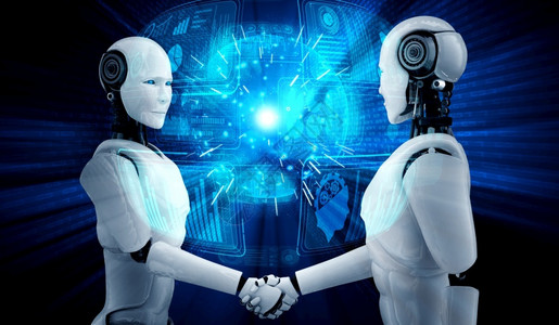 未来派3D使人形机器握手通过AI思考大脑人工智能和机器学习过程来协作未技术开发为第4次工业革命提供3D使人形机器握手以合作未来技背景图片