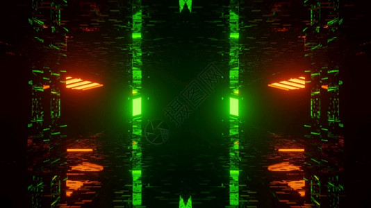 直系橙未来虚拟网络空间隧道NeonGreenLight4kuhd3d插图背景高强度网络空间走廊技术概念插图背景氖未来派背景