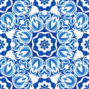 阿沃利亚兹伊卡特装饰品维多利亚时代无缝装饰水彩质调达马斯克古老的无缝图案来自蓝色和白东方瓷砖Azulejo瓷砖设计风格Arabiestes插画