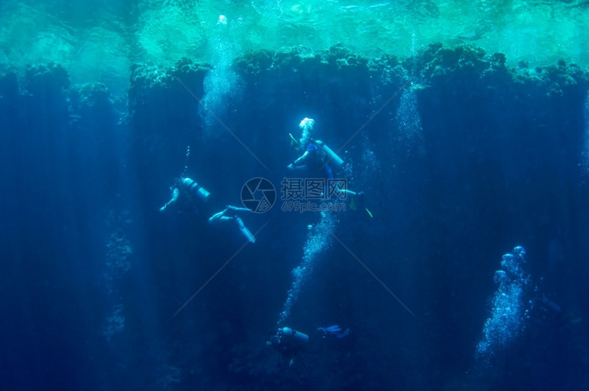 潜水员团体游泳的正面图他们在珊瑚礁的背景下探索深海蓝色的水珊瑚礁男和女在脚蹼检查海底潜水活跃生气泡美丽深度太阳图片