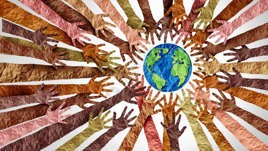 愚众不同不同的触碰环境世界文化地球日和全多样以及国际文化作为不同种族和人群合作的概念象征用3D插图方式将地球牵起双手把地球团结在一起以3背景