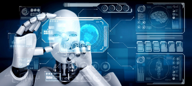 小罗伯特唐尼人类机器在工智能思维大脑人工智能和机器学习过程的概念中持有HUD全息图屏幕用于第四次工业革命3D插图人类机器在工智能思考大脑的概设计图片