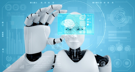 博康西尼工业的人类机器在工智能思维大脑人工智能和机器学习过程的概念中持有HUD全息图屏幕用于第四次工业革命3D插图人类机器在工智能思考大设计图片