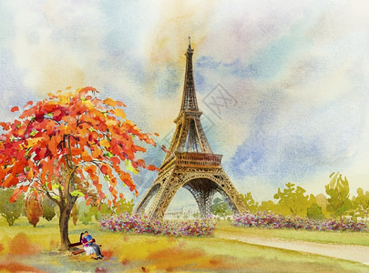第二朵云商业抽象的巴黎欧洲城市标志法国埃菲尔塔和情侣男女坐在树下的长椅上现代艺术花园卉朵水彩画图婚礼情人节红色的插画