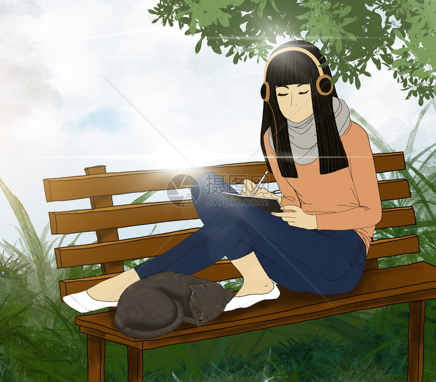 坐在长椅上与睡猫一起觉的青少年和听从头电话到音乐的青少年数字油漆一个女孩在阳光明媚的夏日公园里轻松放工作女人在石板上露面特点场景图片