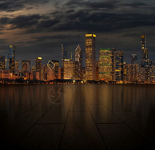 金融城市世界汽车和停场概念芝加哥市景河边夜间停车的公路美国停车场和公园手册和广告复制版面空间等晚背景汽车和停场背景图片