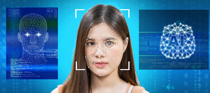 排污许可安全监控和概念亚洲妇女使用面部检测和子宫识别技术与AI和大脑平台进行脸部检测和子宫识别技术以获得进入许可面部的曼谷系统设计图片