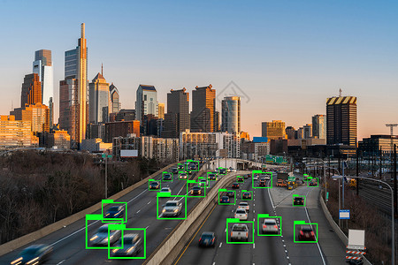 桥智力旅游美国费城宾夕法尼亚市风景上的深学习技术人工智能设备在美国晚间时速的高公路上进行深度学习技术的人工智能背景图片