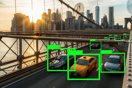 臀桥运动旅游灵感天际线美国纽约市风景背的布鲁克林桥每天下班后交通高峰时段提供人工智能用于深度学习技术的人工智能在交通中进行人工智能调查美设计图片