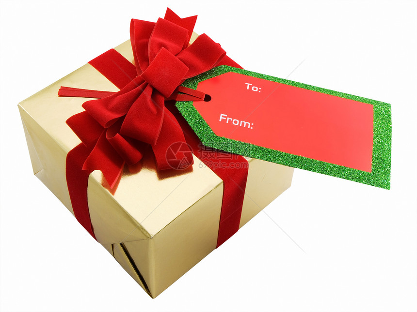 圣诞礼物礼物红色金子标签丝带展示白色图片