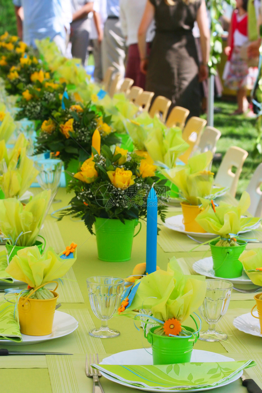 花园派对环境绿色生日盘子家庭椅子桌子婚礼庆典家具图片