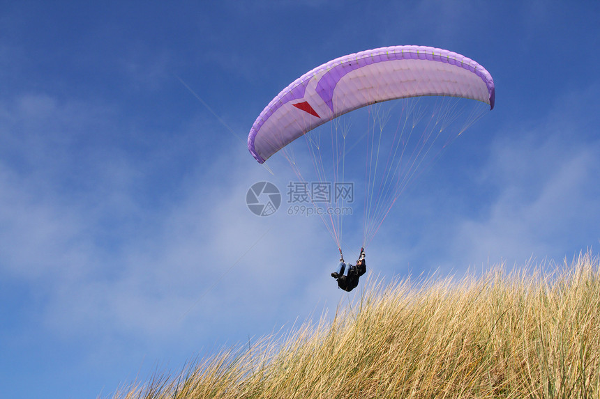 紫色滑翔伞行动男性降落伞高度自由闲暇天空蓝色乐趣翅膀图片