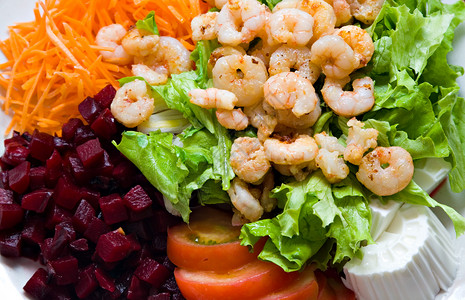 虾沙拉低脂肪低热量盘子生菜午餐白色背景图片
