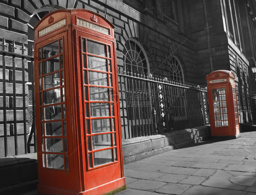 英国经典红色电话箱对等玻璃盒子英语民众王国讲话电话栏杆图片