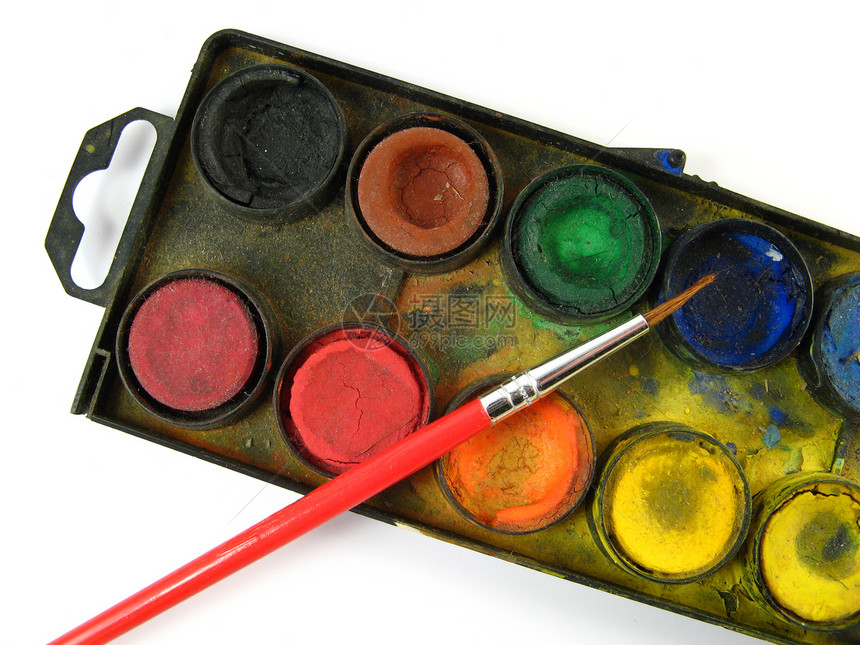 刷子和清水彩色盒想像力宏观彩虹工作艺术锻炼铅笔黄色学校艺术家图片