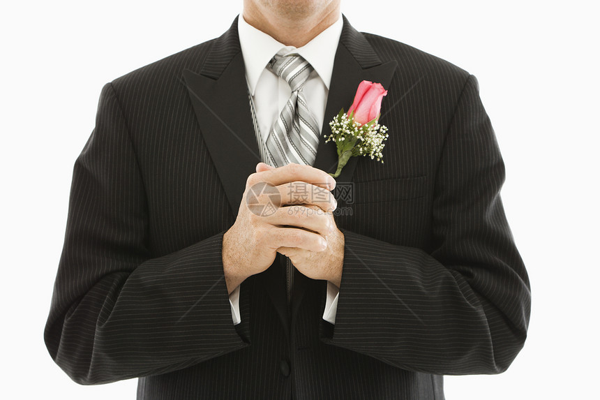 穿礼服的Groom男性男人婚礼燕尾服水平胸花玫瑰丈夫婚姻图片