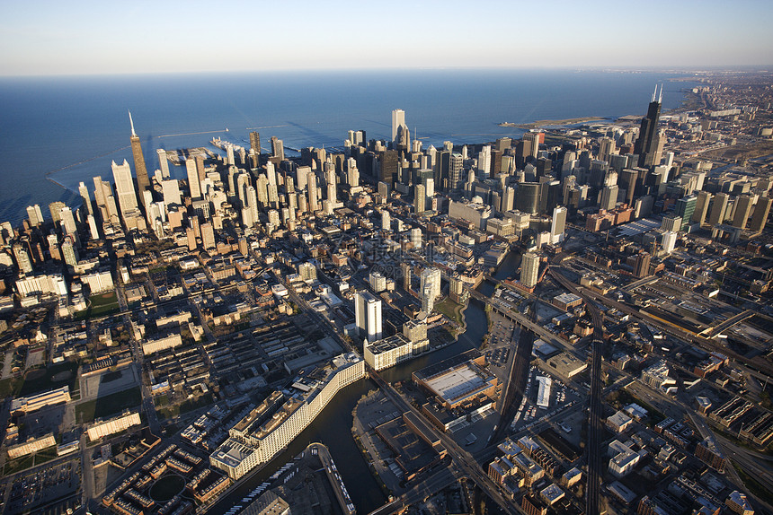 伊利诺伊州芝加哥城市高角度旅游水平建筑物建筑学摩天大楼天际鸟瞰图景观图片