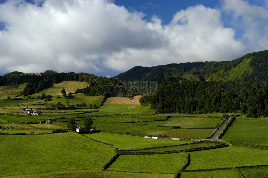 绿绿色山脉蓝色房屋白色世界村庄植被天空森林树木图片