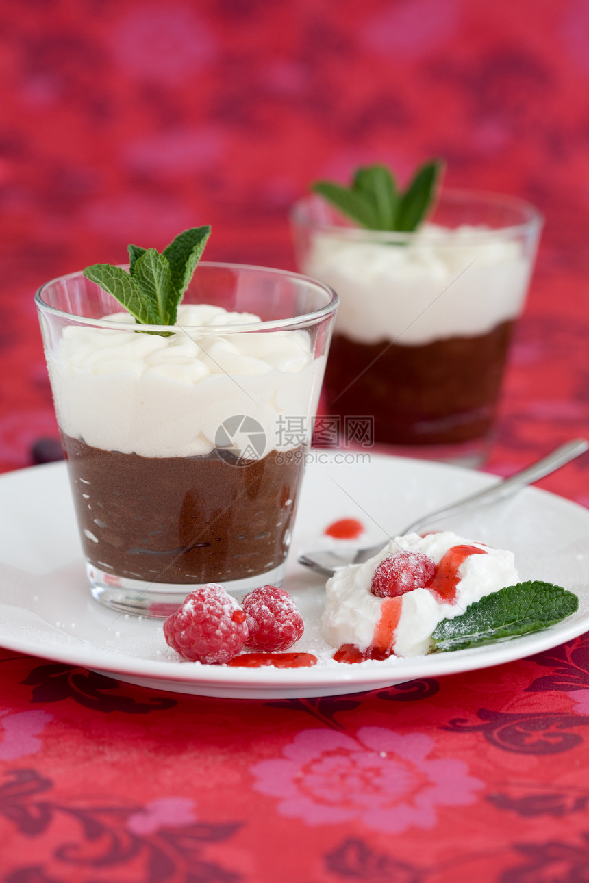巧克力甜点薄荷玻璃饮食红色食物奶油营养覆盆子图片