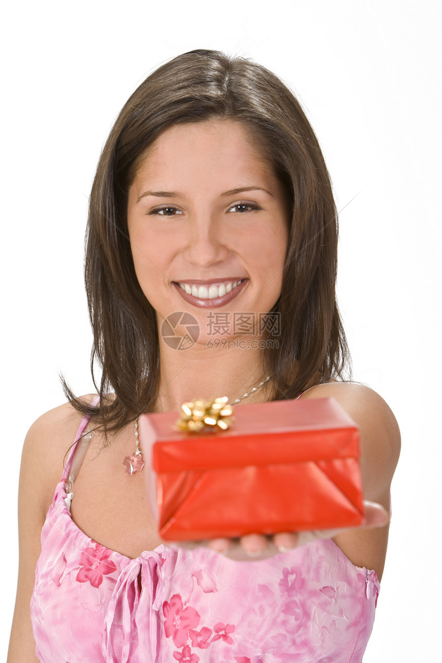 你的红礼盒女性商品黑发顾客女孩朋友幸福展示青年女士图片