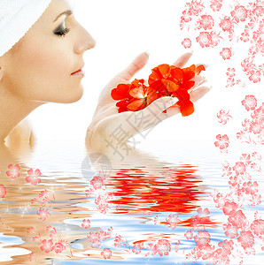 水中的红花瓣3护理治疗眼睛玫瑰女士女性洗澡保健福利水疗背景图片