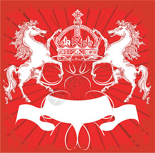 奥氏海藻白马和王冠在红奥氏背景上 矢量说明 没有梅希斯插画