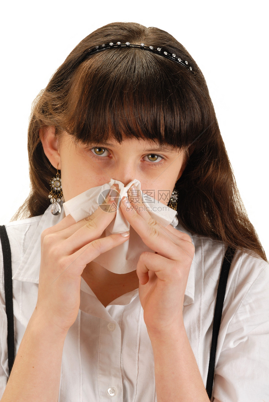 手帕女孩组织花粉青少年过敏流感女学生流鼻涕发烧图片