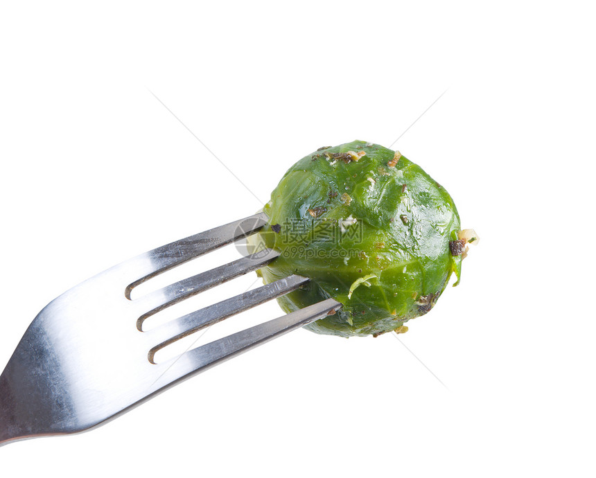 叉子上的布鲁塞尔芽营养炙烤筹码拼盘早餐鱼片小吃烹饪食物绿色图片