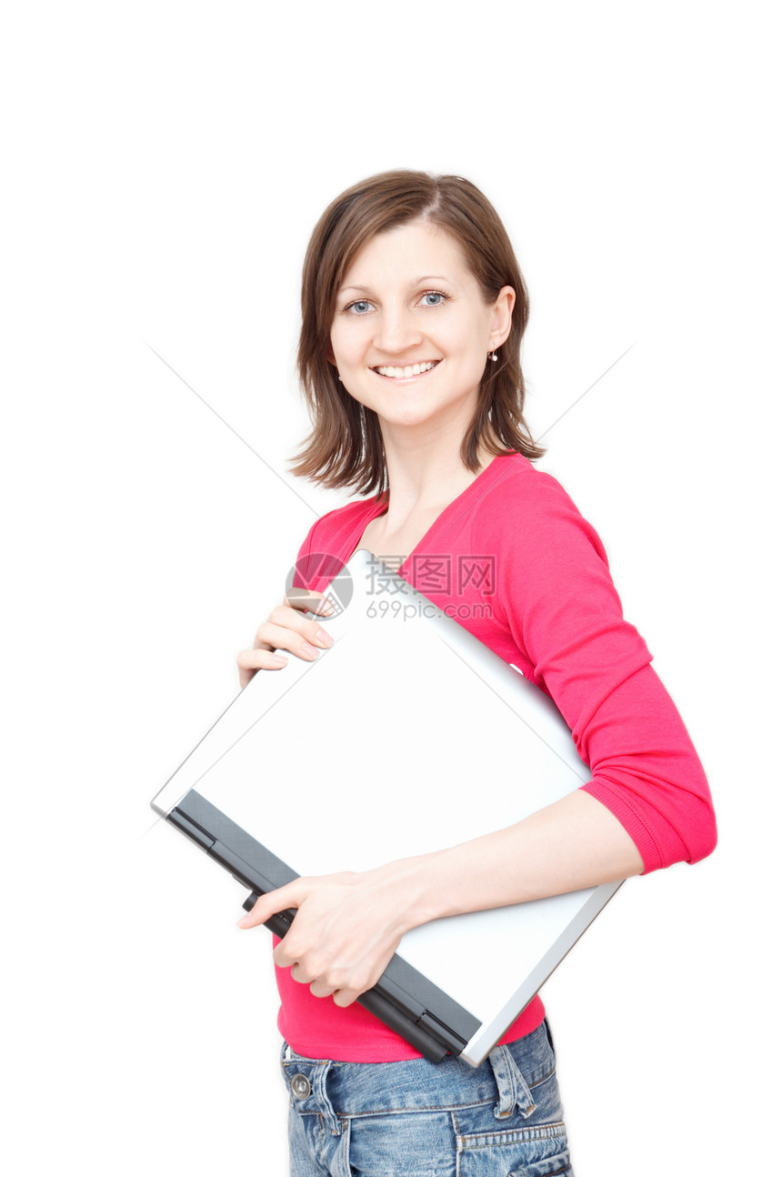 持有笔记本电脑的微笑着的妇女快乐智力学生头发衣服女孩们办公室人士成功商业图片