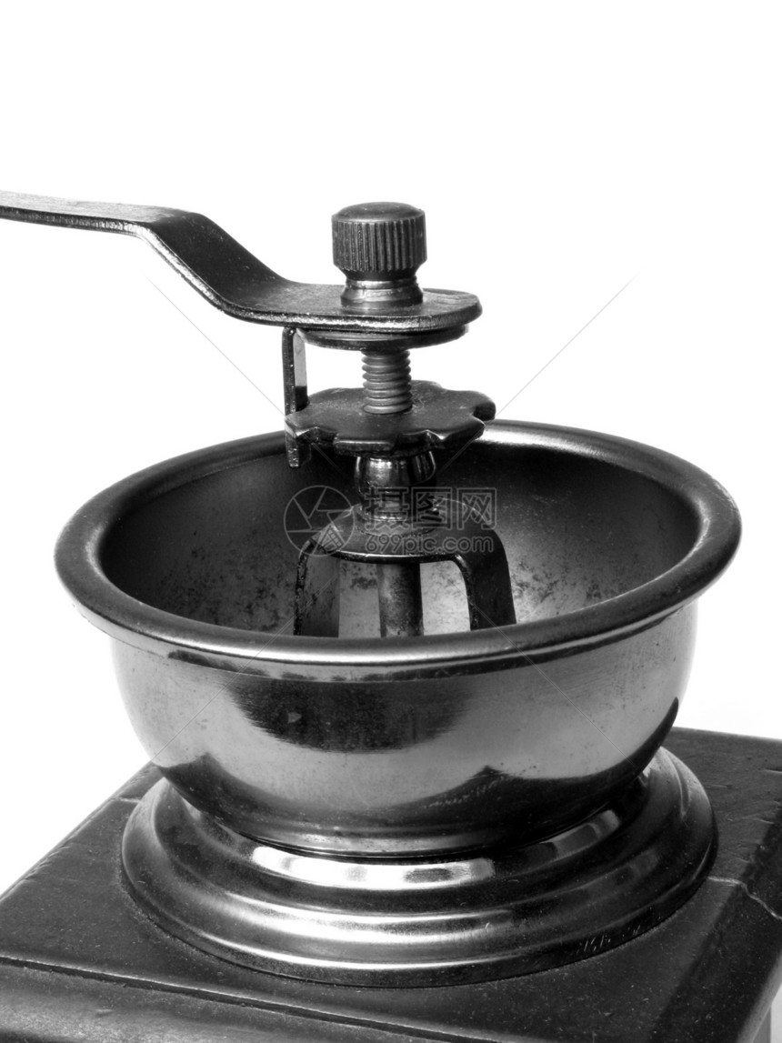 旧咖啡研磨机细节器具磨床厨房黑色白色早餐图片