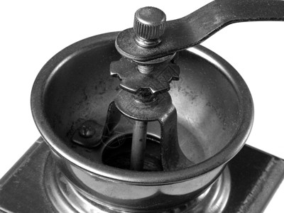旧咖啡研磨机细节黑色白色早餐厨房磨床器具背景图片