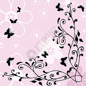 鲜花和蝴蝶白色漩涡花朵插图背景图片