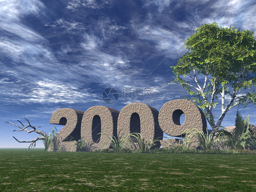 2009年 2009年地平线草地数字天空岩石场地插图绿色多云日历图片