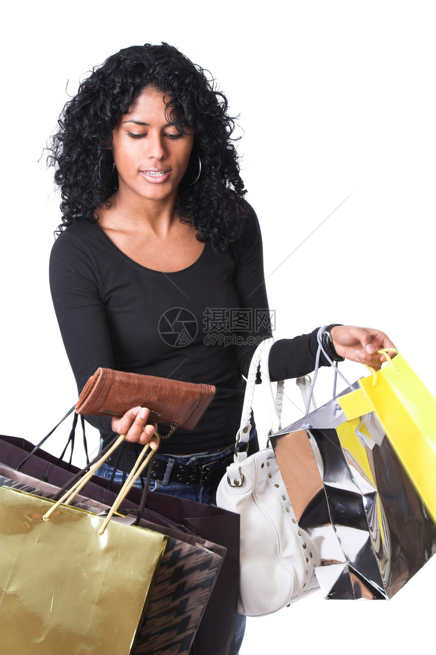 游动中支付购物牛仔裤女性微笑多样性购物袋长发毛衣卷曲图片