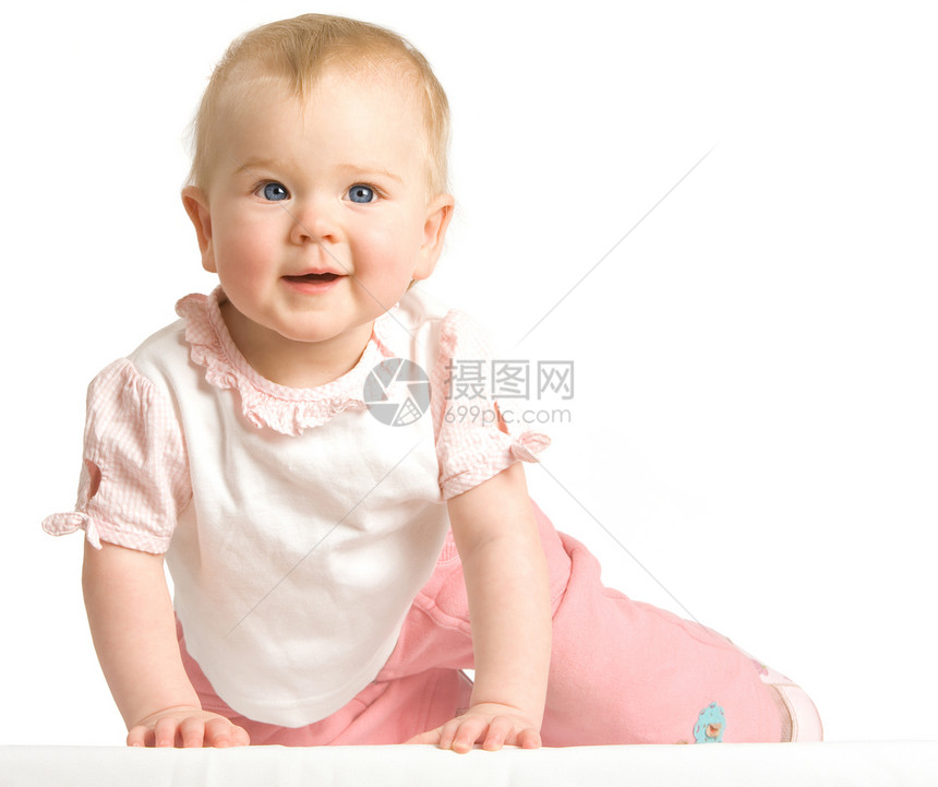 婴儿爬动幸福蓝色女孩金发童年孩子头发活动喜悦乐趣图片