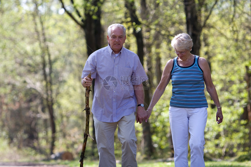 老年夫妇步行白发远足阳光男性手杖女性恋人夫妻情侣活动图片