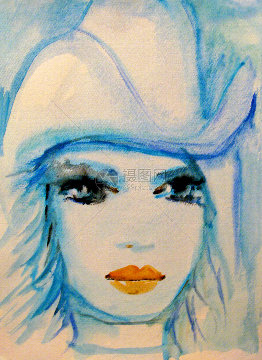 女牛仔艺术品绘画蓝色插图眼睛嘴唇水彩女士打印帽子图片