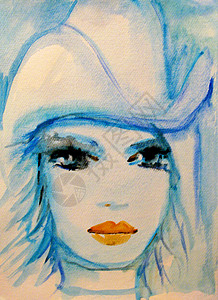 女牛仔艺术品绘画蓝色插图眼睛嘴唇水彩女士打印帽子背景图片