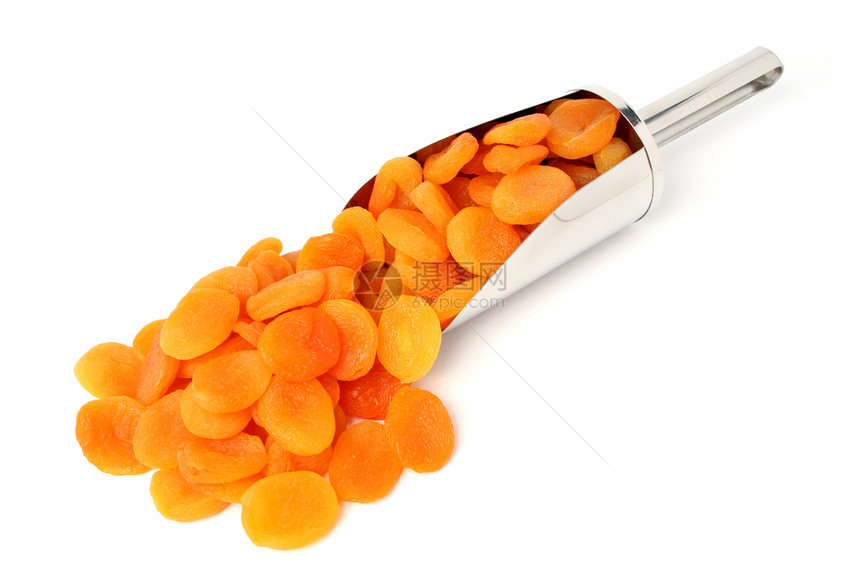 干燥的杏仁和金属勺子零食卫生干旱白色美食店铺水果杏子保健黄色图片