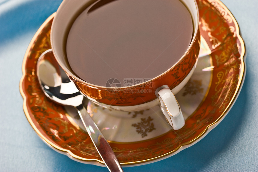 茶杯茶血管杯子勺子早餐盘子蓝色图片