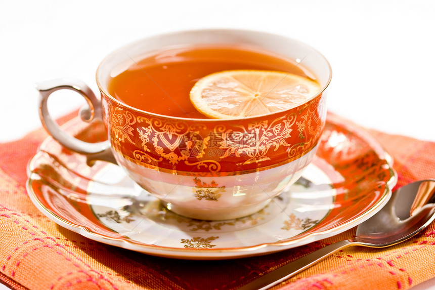 茶杯 红静止生命勺子柠檬早餐血管盘子蓝色杯子图片