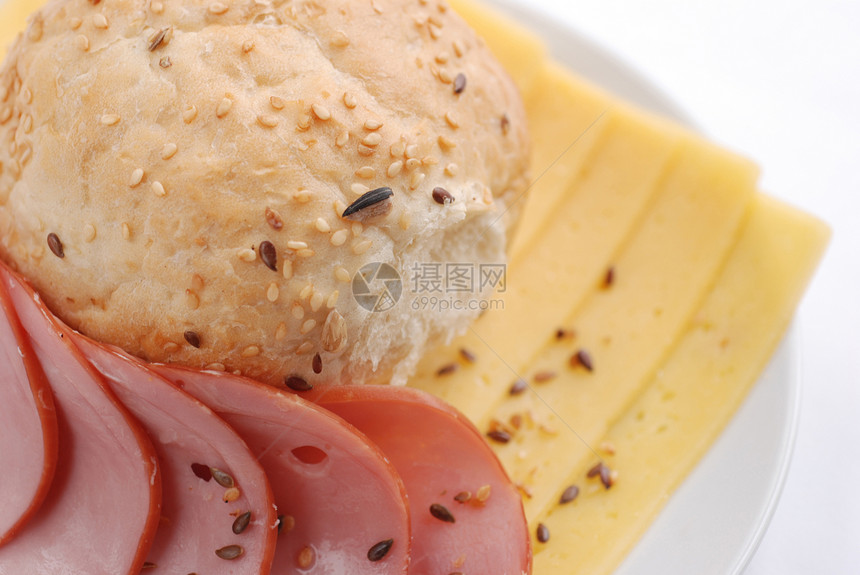 火腿 奶酪和面包粉色红色种子黄色猪肉饮食美食牛肉食物产品图片