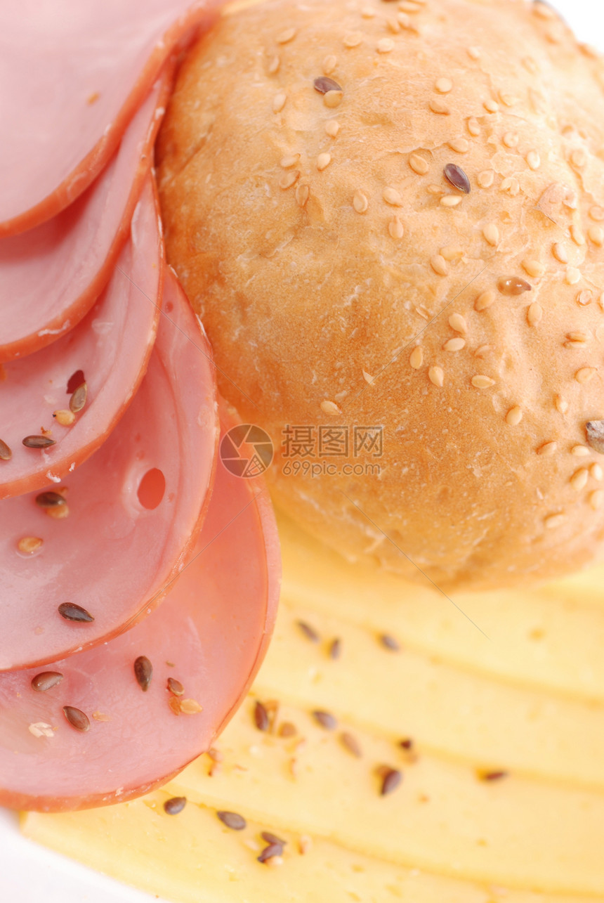 火腿 奶酪和面包美食猪肉产品红色烹饪种子早餐小吃饮食牛肉图片