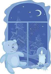 圣诞夜窗户月亮蜡烛雪花星星背景图片