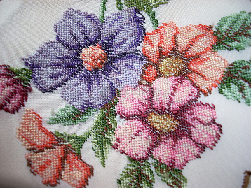 磨碎的花纹质手工绣花针尖纺织品挂毯花朵植物杰作人工制品艺术图片