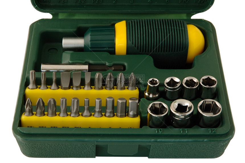 工具箱扳手乐器缺口成套绿色工具集金属白色钻头黄色图片
